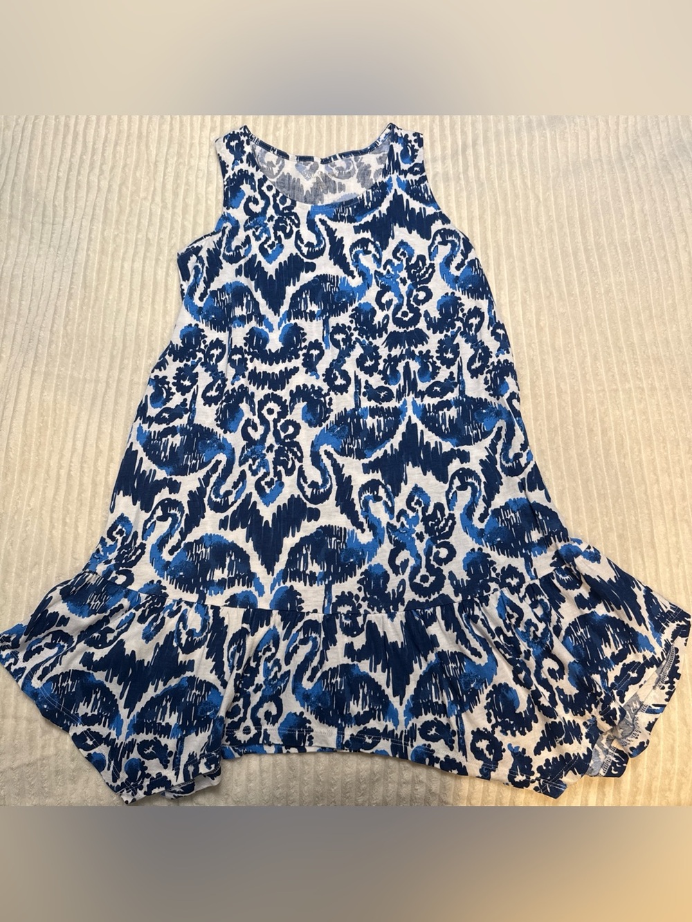 Lilly Pulitzer Blue and White Ikat-Print Ruffle Hem Dress